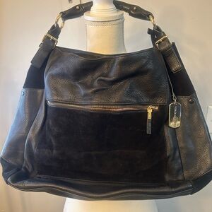 Vince Camuto Black Leather Bag with Gold Zipper
